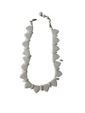 Vintage White Glass Beaded Necklace Shell Style Mid Century 14 Inch